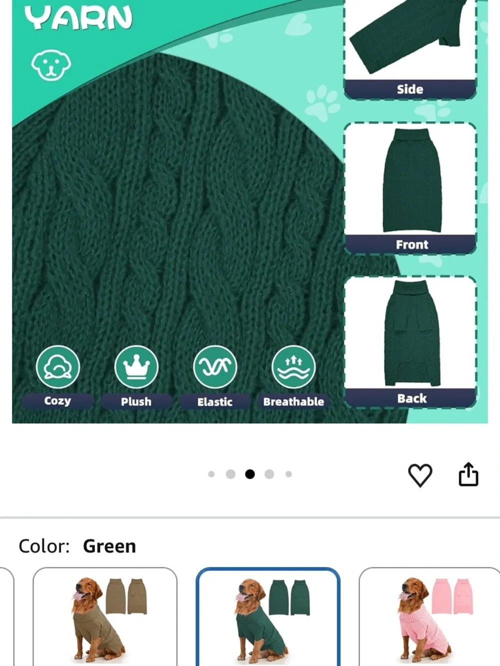 Dog Sweater for Large Dogs, Long Sleeve, Size XL, Green Stretchy cable knit